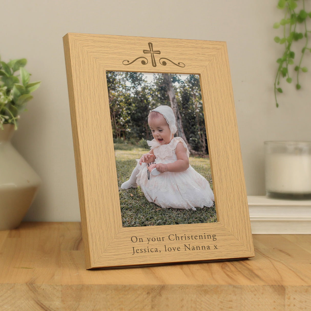 Personalised Religious Swirl 5x7 Oak Finish Photo Frame - Photo Frames at Gift Moments