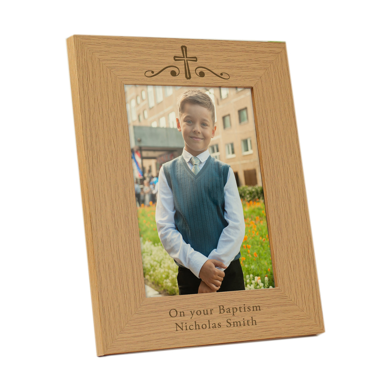 Personalised Religious Swirl 5x7 Oak Finish Photo Frame - Photo Frames at Gift Moments