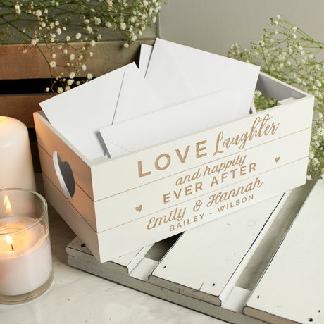 Personalised Love Laughter & Happily Ever After White Wooden Crate - Storage at Gift Moments