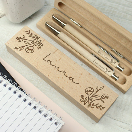 Personalised Floral Wooden Pen and Pencil Set - Pens & Pencils at Gift Moments