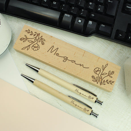 Personalised Floral Wooden Pen and Pencil Set - Pens & Pencils at Gift Moments