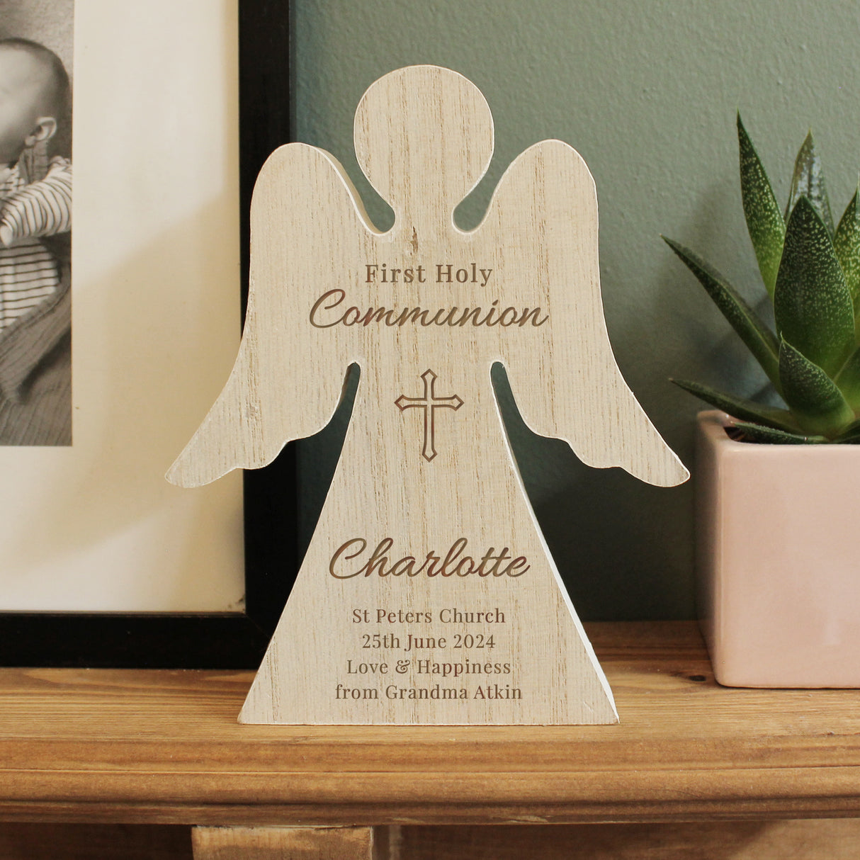 Personalised First Holy Communion Rustic Wooden Angel Decoration - Ornaments at Gift Moments