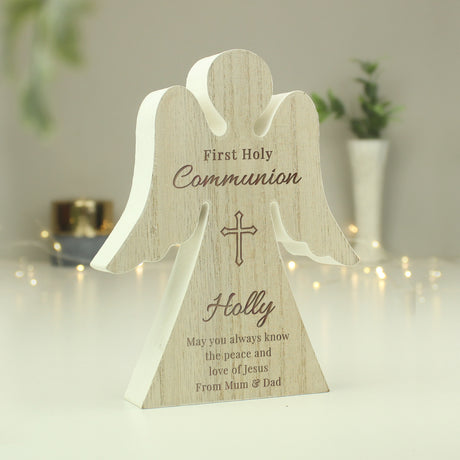 Personalised First Holy Communion Rustic Wooden Angel Decoration - Ornaments at Gift Moments