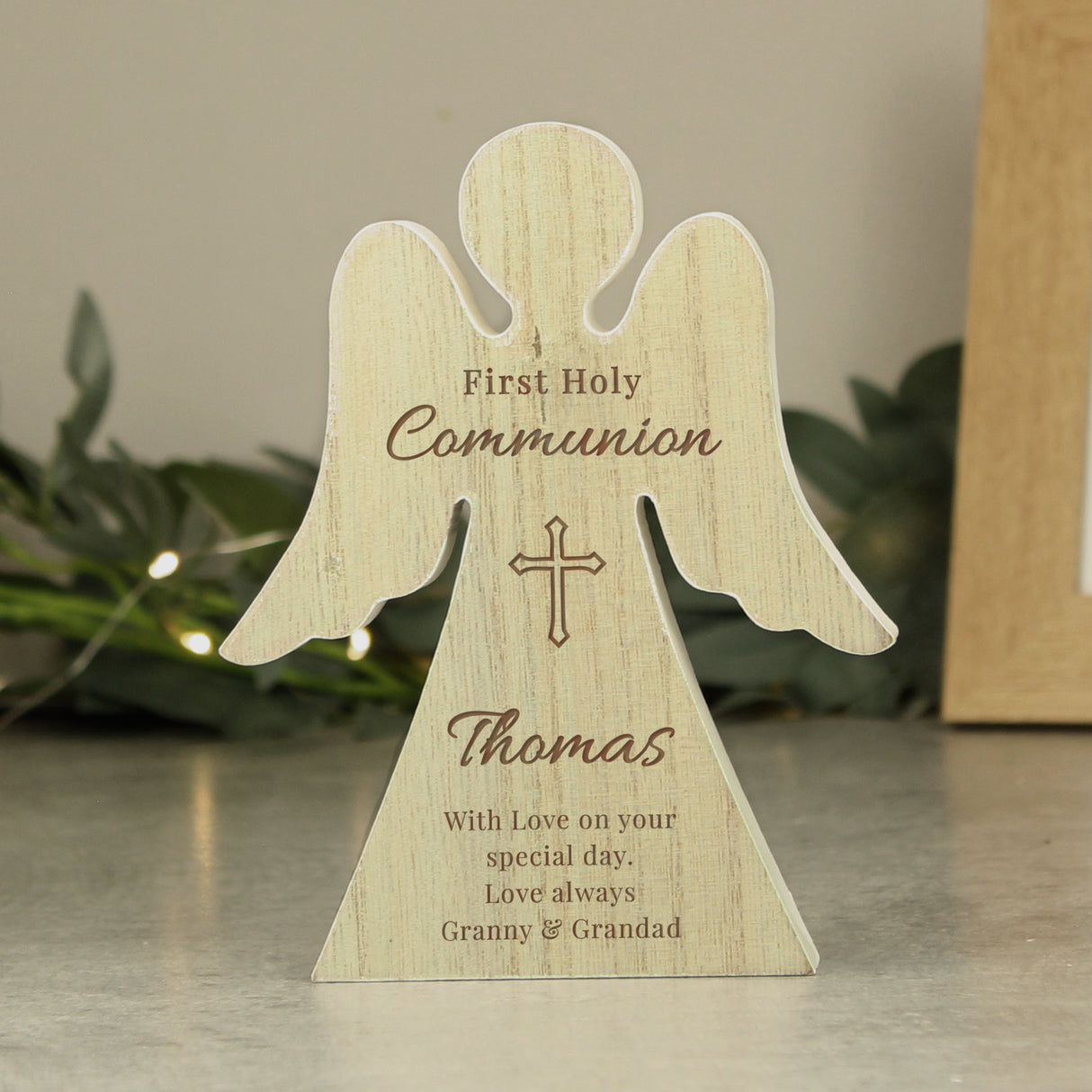 Personalised First Holy Communion Rustic Wooden Angel Decoration - Ornaments at Gift Moments