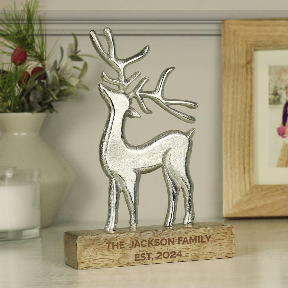 Personalised Metal Stag Ornament With Wood Base - Ornaments at Gift Moments