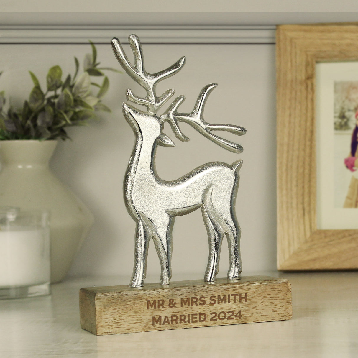 Personalised Metal Stag Ornament With Wood Base - Ornaments at Gift Moments