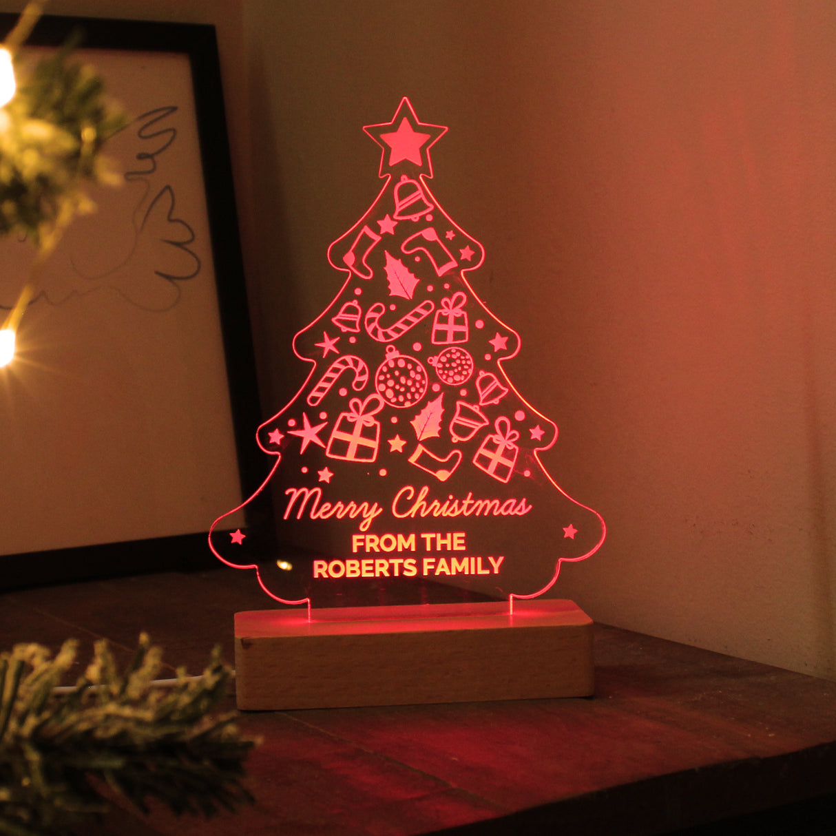 Personalised Christmas Tree Wooden Based LED Light - LED Lighting at Gift Moments