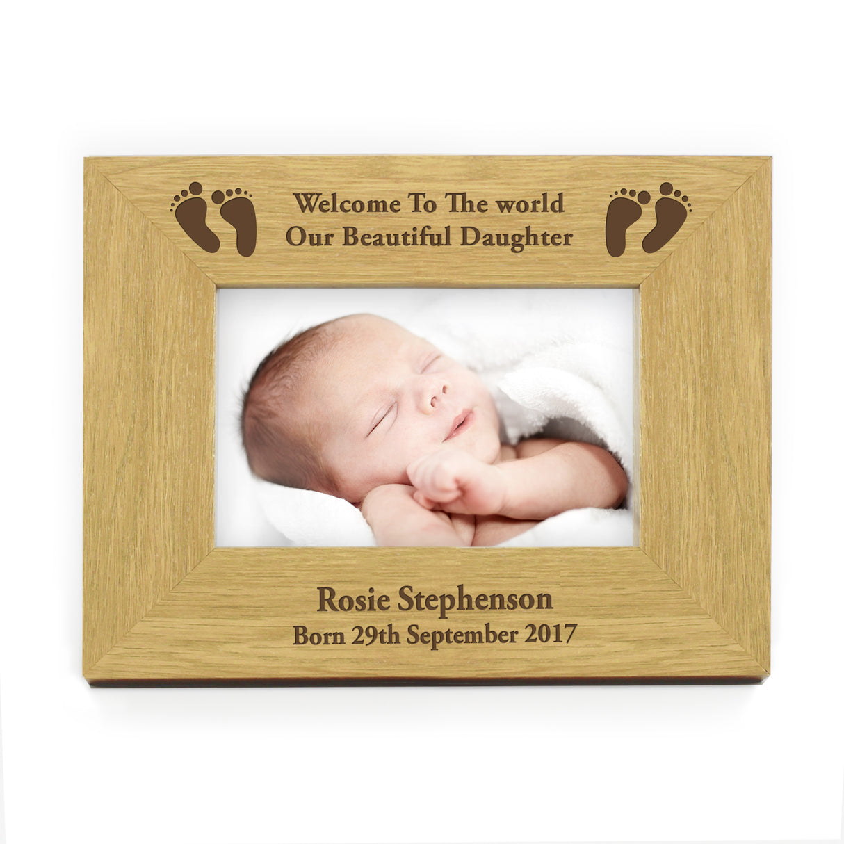 Personalised Oak Finish 6x4 Landscape Baby Footprints Photo Frame - Photo Frames at Gift Moments