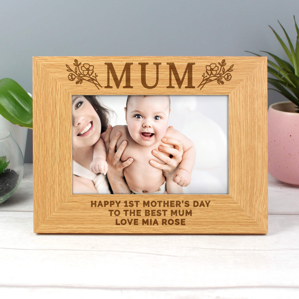 Personalised Floral Mum Oak Photo Frame 6x4: 6 - Photo Frames By Gift Moments