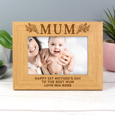 Personalised Floral Mum Oak Photo Frame 6x4: 6 - Photo Frames By Gift Moments