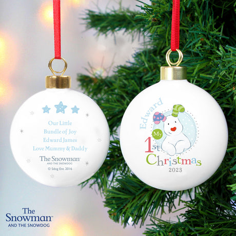 Personalised The Snowman and the Snowdog My 1st Christmas Blue Bauble Default Title - Christmas Baubles at Gift Moments