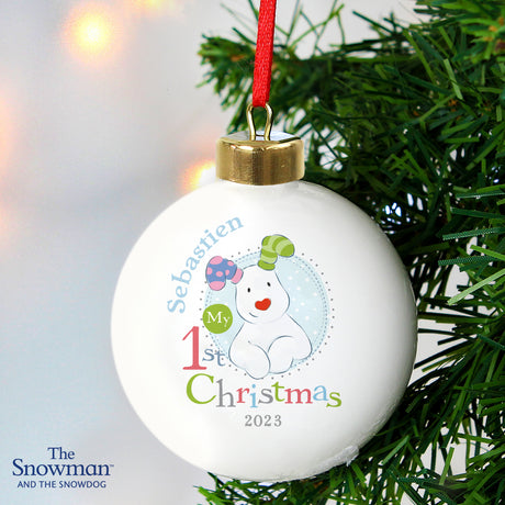 Personalised The Snowman and the Snowdog My 1st Christmas Blue Bauble - Christmas Baubles at Gift Moments