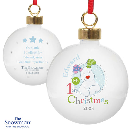 Personalised The Snowman and the Snowdog My 1st Christmas Blue Bauble - Christmas Baubles at Gift Moments