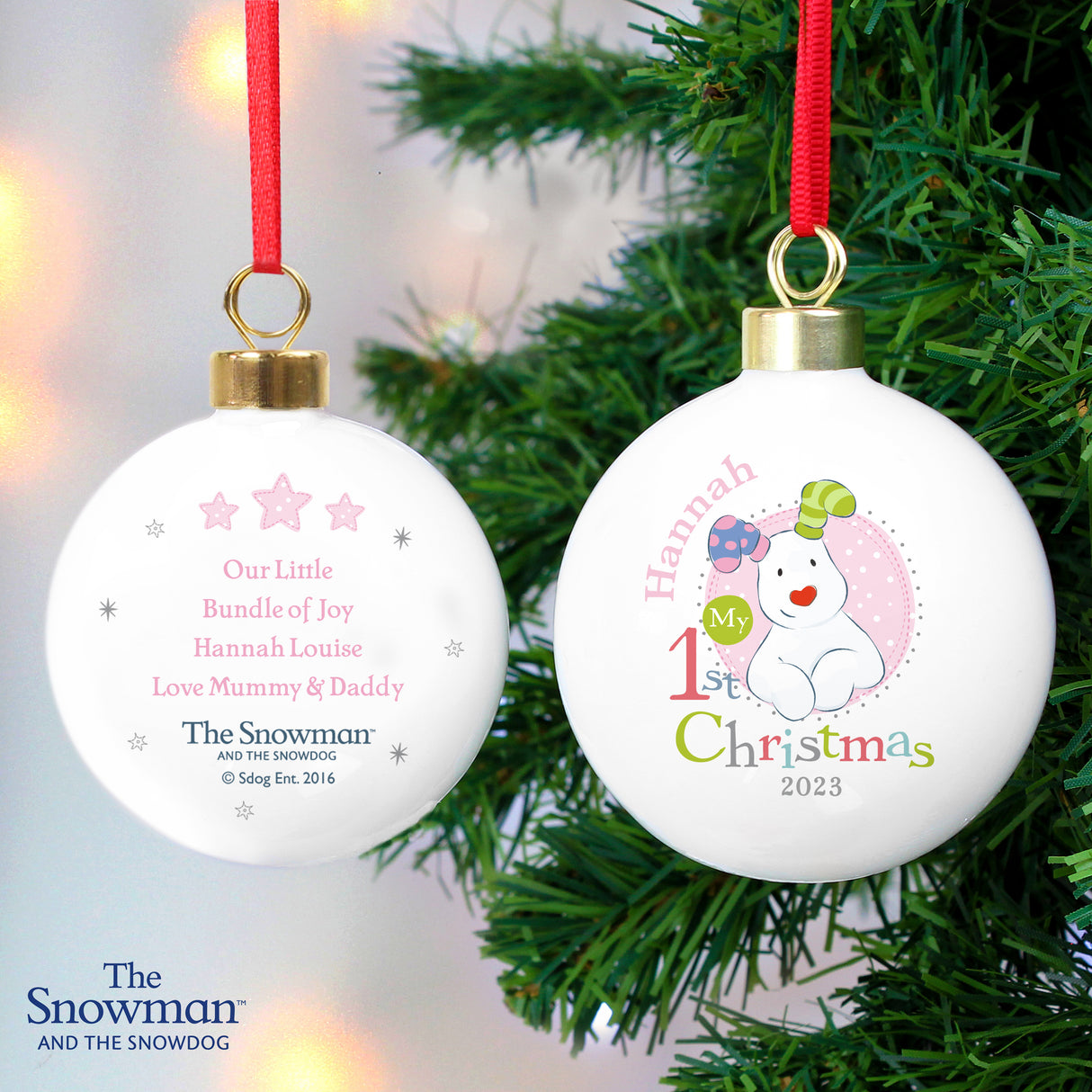 Personalised The Snowman and the Snowdog My 1st Christmas Pink Bauble Default Title - Christmas Baubles at Gift Moments