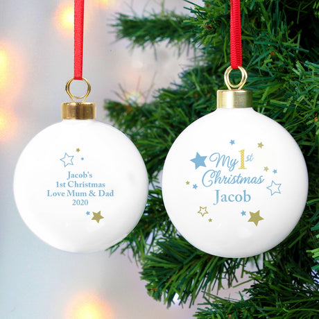 Personalised Gold & Blue Stars My 1st Christmas Bauble - Christmas Baubles at Gift Moments