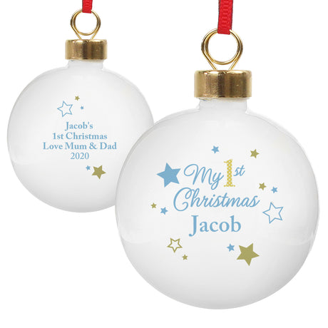 Personalised Gold & Blue Stars My 1st Christmas Bauble - Christmas Baubles at Gift Moments