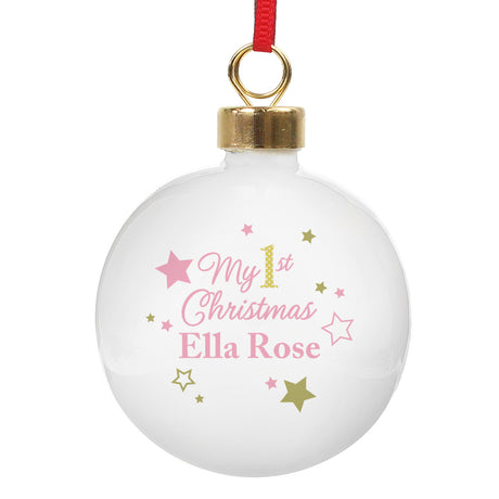 Personalised Gold & Pink Stars My 1st Christmas Bauble - Christmas Baubles at Gift Moments