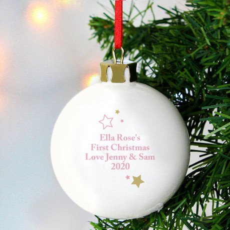 Personalised Gold & Pink Stars My 1st Christmas Bauble - Christmas Baubles at Gift Moments