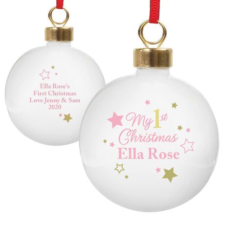 Personalised Gold & Pink Stars My 1st Christmas Bauble - Christmas Baubles at Gift Moments