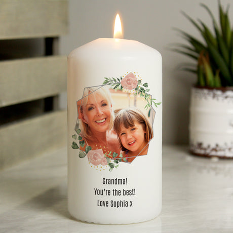 Personalised Floral Abstract Photo Upload Pillar Candle - Candles at Gift Moments