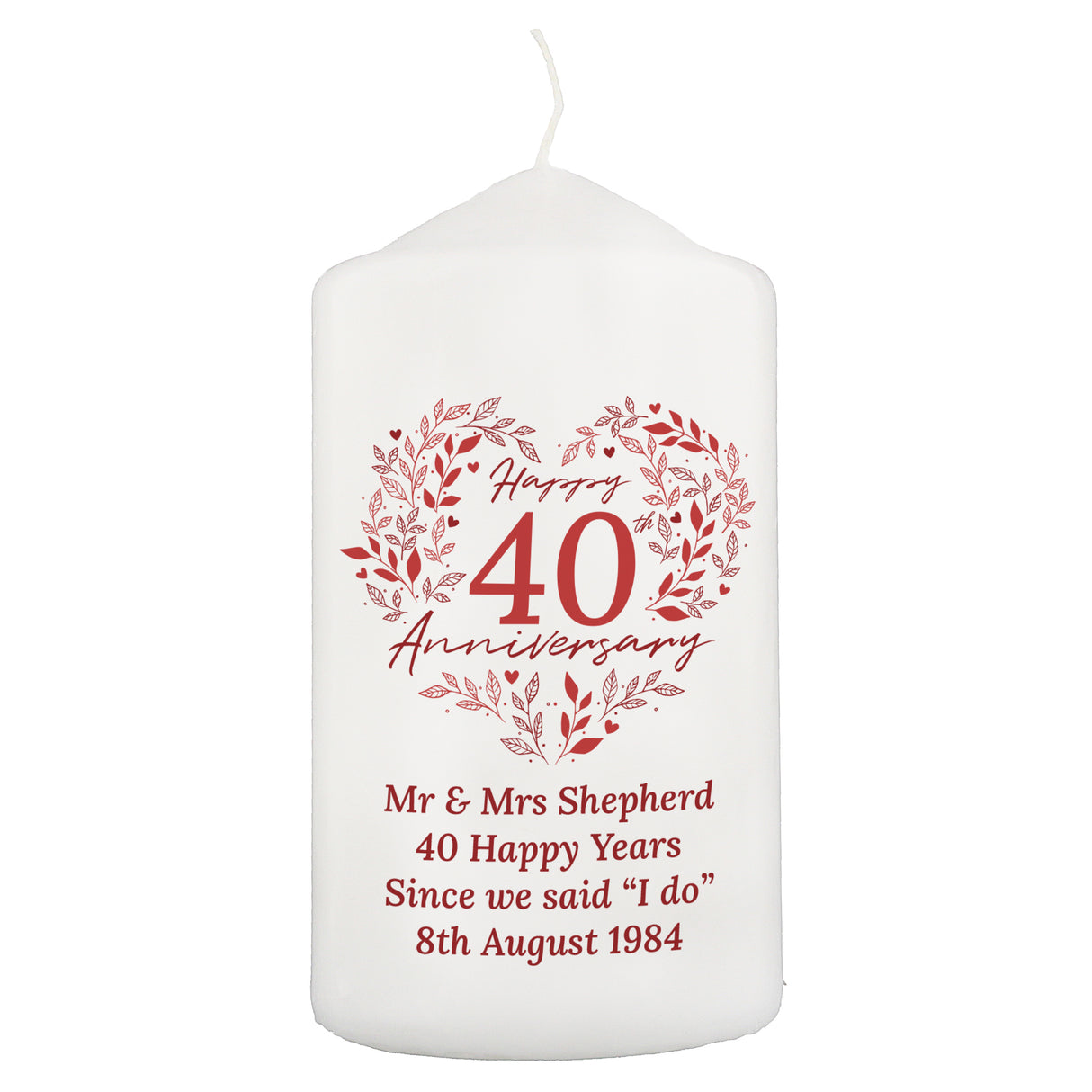 Personalised 40th Ruby Wedding Anniversary Pillar Candle - Candles at Gift Moments