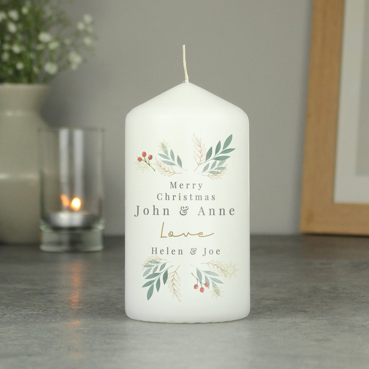 Personalised Christmas Foliage Pillar Candle - Candles at Gift Moments