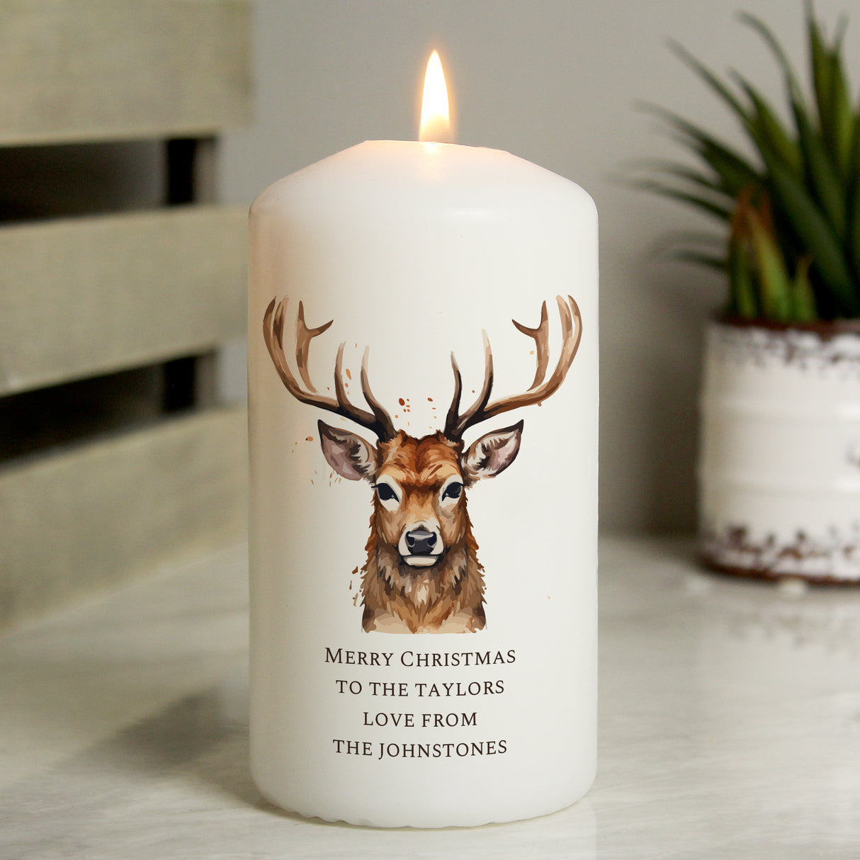 Personalised Watercolour Stag Pillar Candle Default Title - Candle Holders at Gift Moments