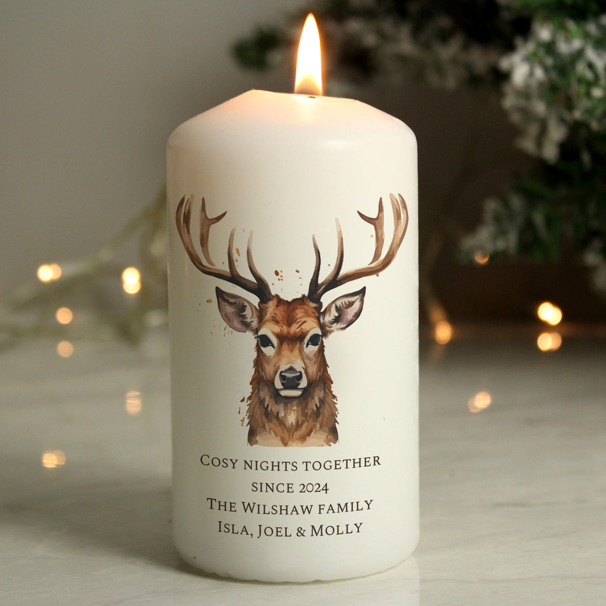 Personalised Watercolour Stag Pillar Candle - Candle Holders at Gift Moments