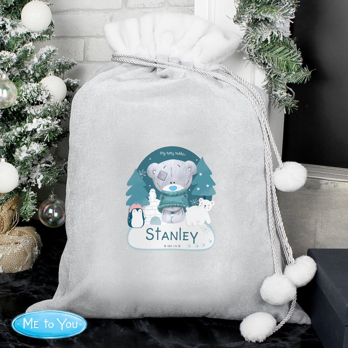 Personalised Winter Explorer Tiny Tatty Teddy Pom Pom Sack - Christmas Sacks at Gift Moments