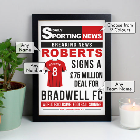 Personalised Football Signing Newspaper A4 Black Framed Print - Framed Prints at Gift Moments