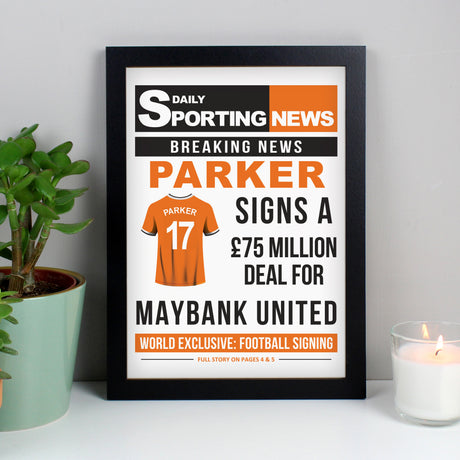 Personalised Football Signing Newspaper A4 Black Framed Print - Framed Prints at Gift Moments