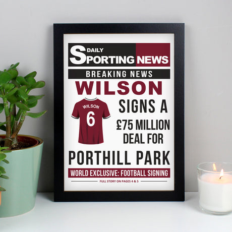 Personalised Football Signing Newspaper A4 Black Framed Print - Framed Prints at Gift Moments