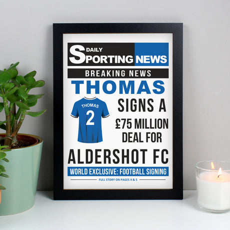 Personalised Football Signing Newspaper A4 Black Framed Print - Framed Prints at Gift Moments