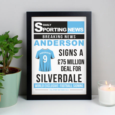 Personalised Football Signing Newspaper A4 Black Framed Print - Framed Prints at Gift Moments