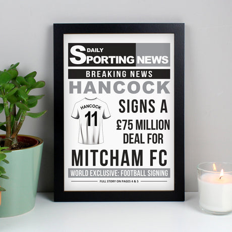 Personalised Football Signing Newspaper A4 Black Framed Print - Framed Prints at Gift Moments