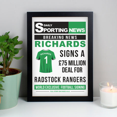 Personalised Football Signing Newspaper A4 Black Framed Print - Framed Prints at Gift Moments