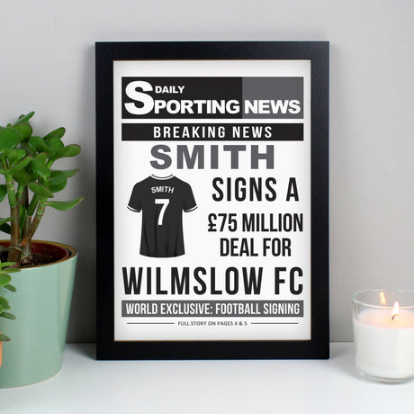 Personalised Football Signing Newspaper A4 Black Framed Print - Framed Prints at Gift Moments