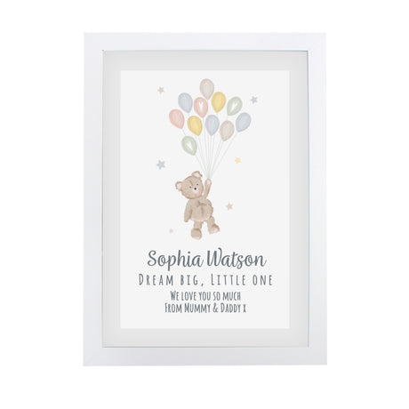 Personalised Teddy & Balloons A4 White Framed Print - Framed Prints at Gift Moments