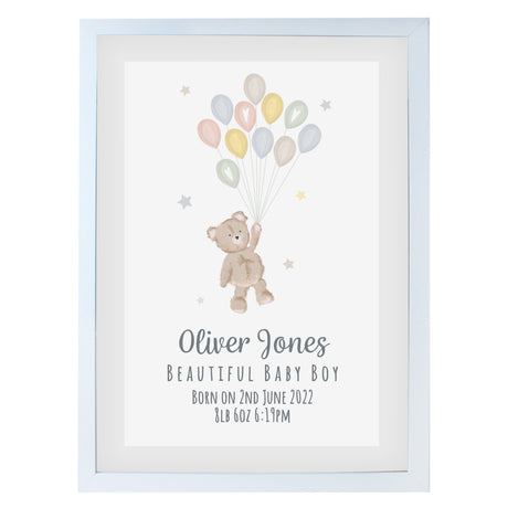 Personalised Teddy & Balloons A3 White Framed Print - Framed Prints at Gift Moments