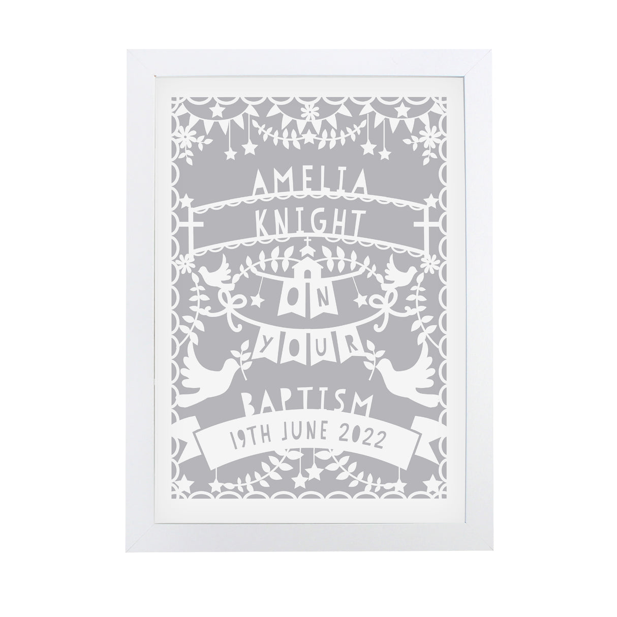 Personalised Grey Papercut Style A4 White Framed Print - Framed Prints at Gift Moments