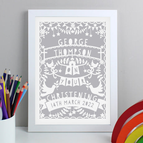 Personalised Grey Papercut Style A4 White Framed Print - Framed Prints at Gift Moments