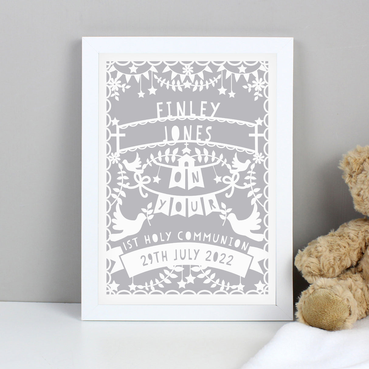 Personalised Grey Papercut Style A4 White Framed Print - Framed Prints at Gift Moments