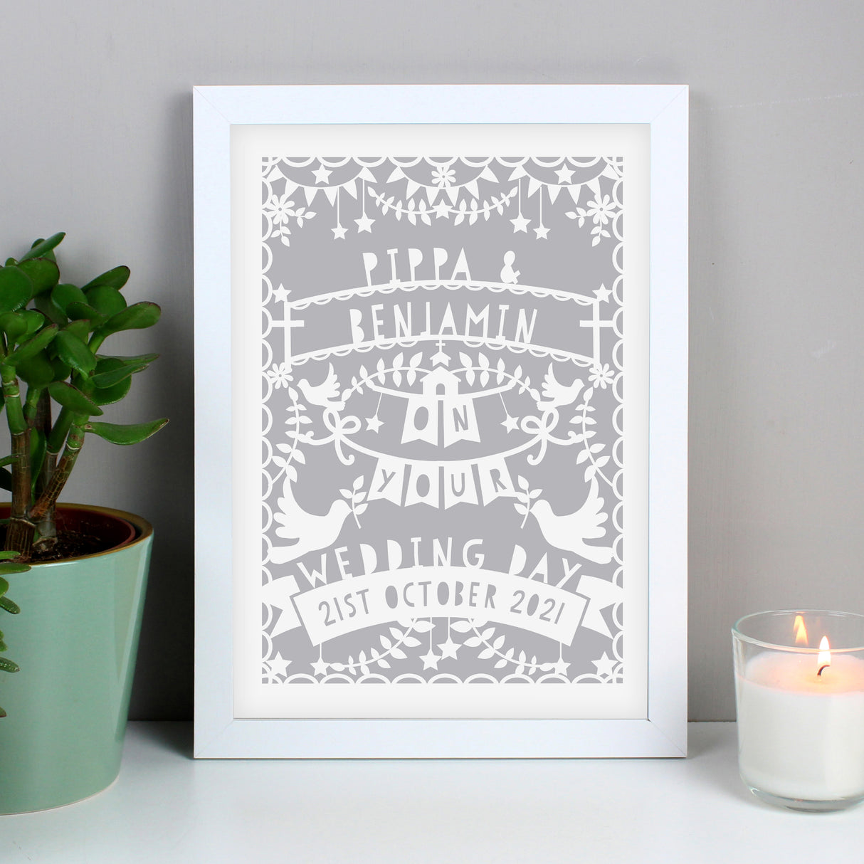 Personalised Grey Papercut Style A4 White Framed Print - Framed Prints at Gift Moments