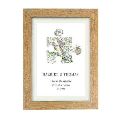 Personalised Present Day Map Puzzle Piece A4 Oak Framed Print - Framed Prints at Gift Moments