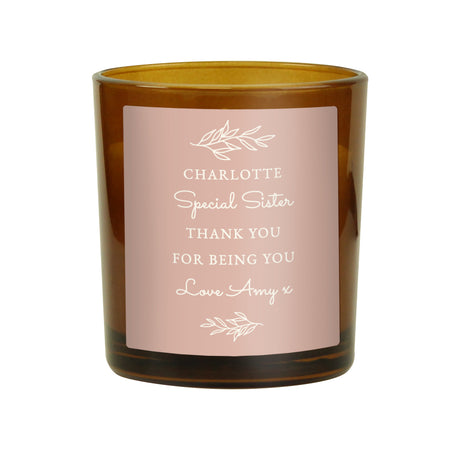 Personalised Pink Label Amber Glass Candle - Candles at Gift Moments