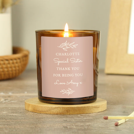 Personalised Pink Label Amber Glass Candle - Candles at Gift Moments