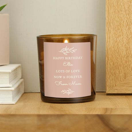 Personalised Pink Label Amber Glass Candle - Candles at Gift Moments