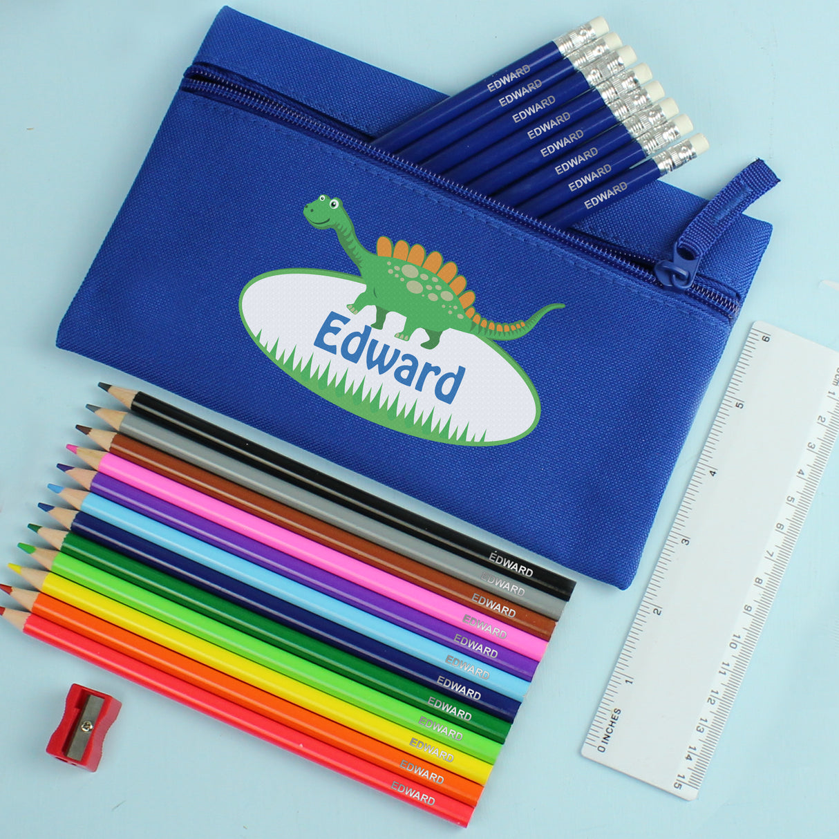 Personalised Blue Dinosaur Pencil Case Set: 1 - Pencil Cases & Sets By Gift Moments