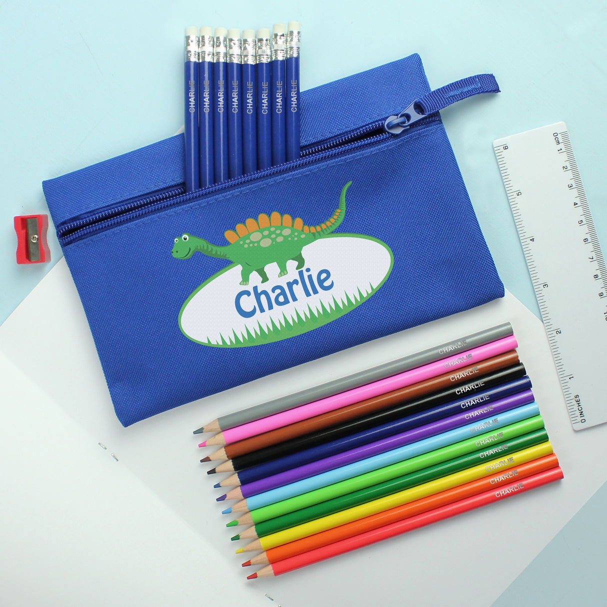 Personalised Blue Dinosaur Pencil Case Set: 2 - Pencil Cases & Sets By Gift Moments