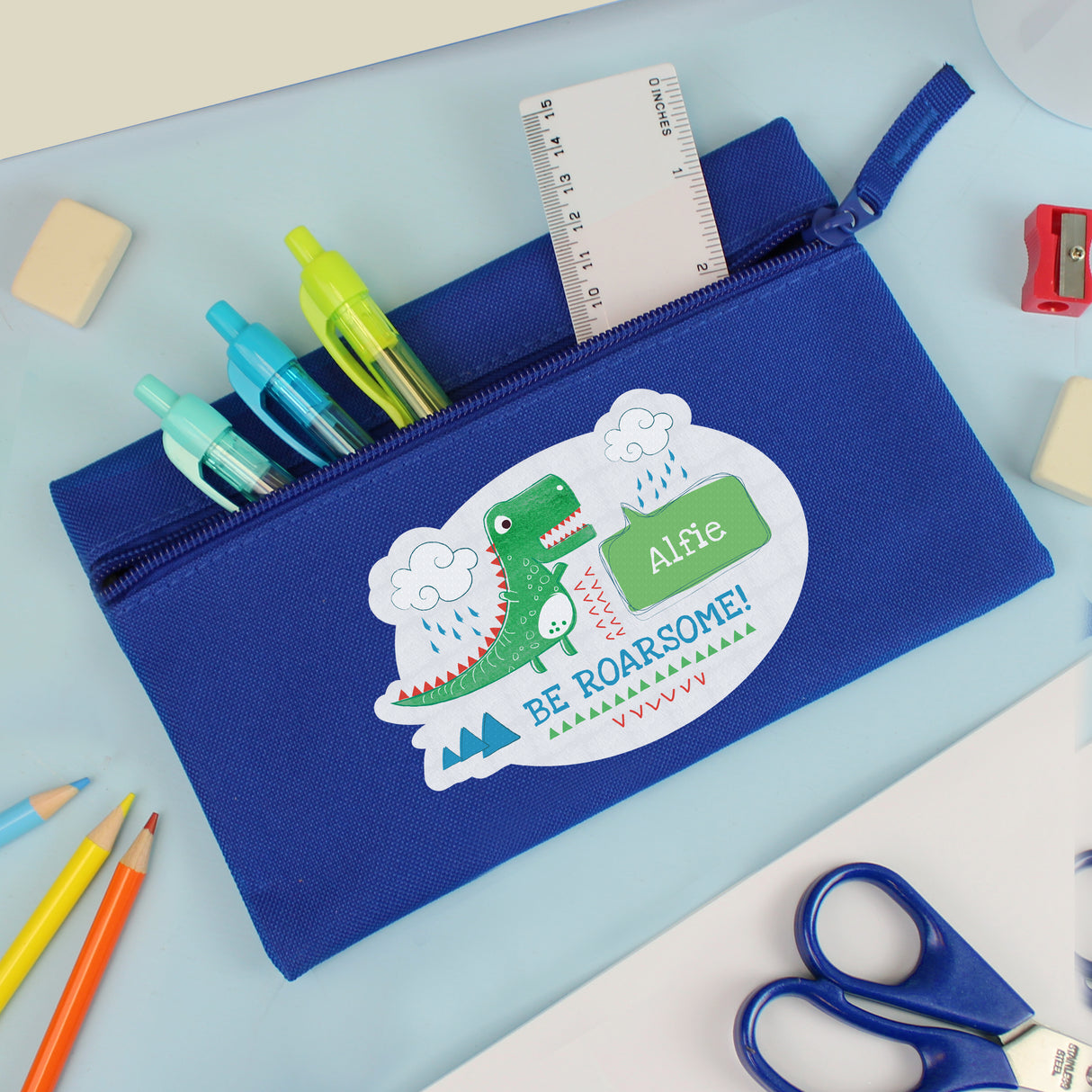 Personalised 'Be Roarsome' Dinosaur Blue Pencil Case - Pencil Cases & Sets at Gift Moments